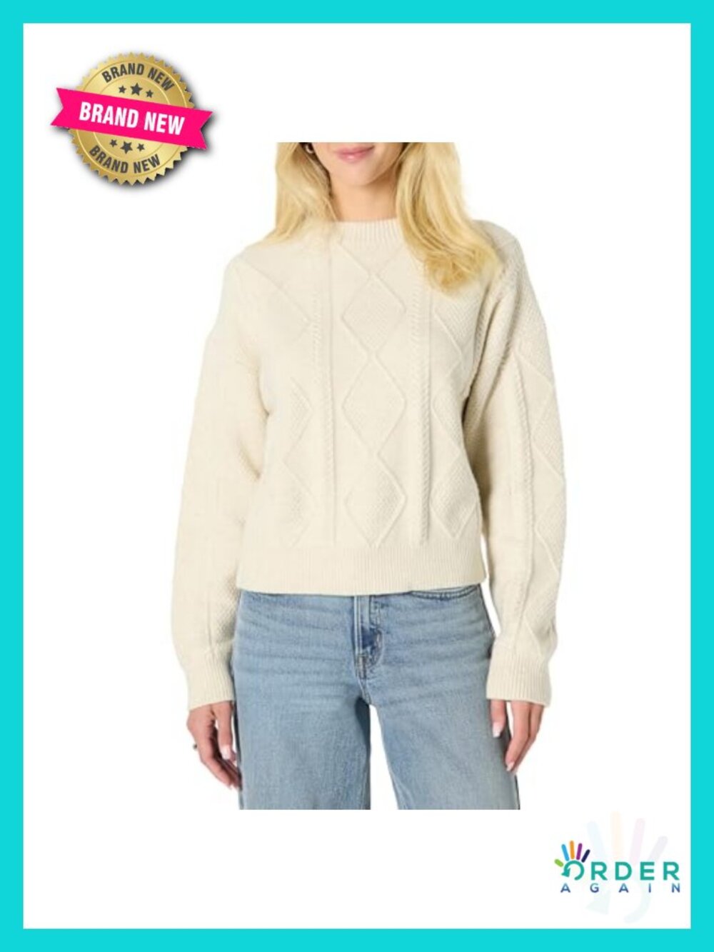 Relaxed Fit Cable Knit Crewneck Sweater Cotton Blend Mock Neck